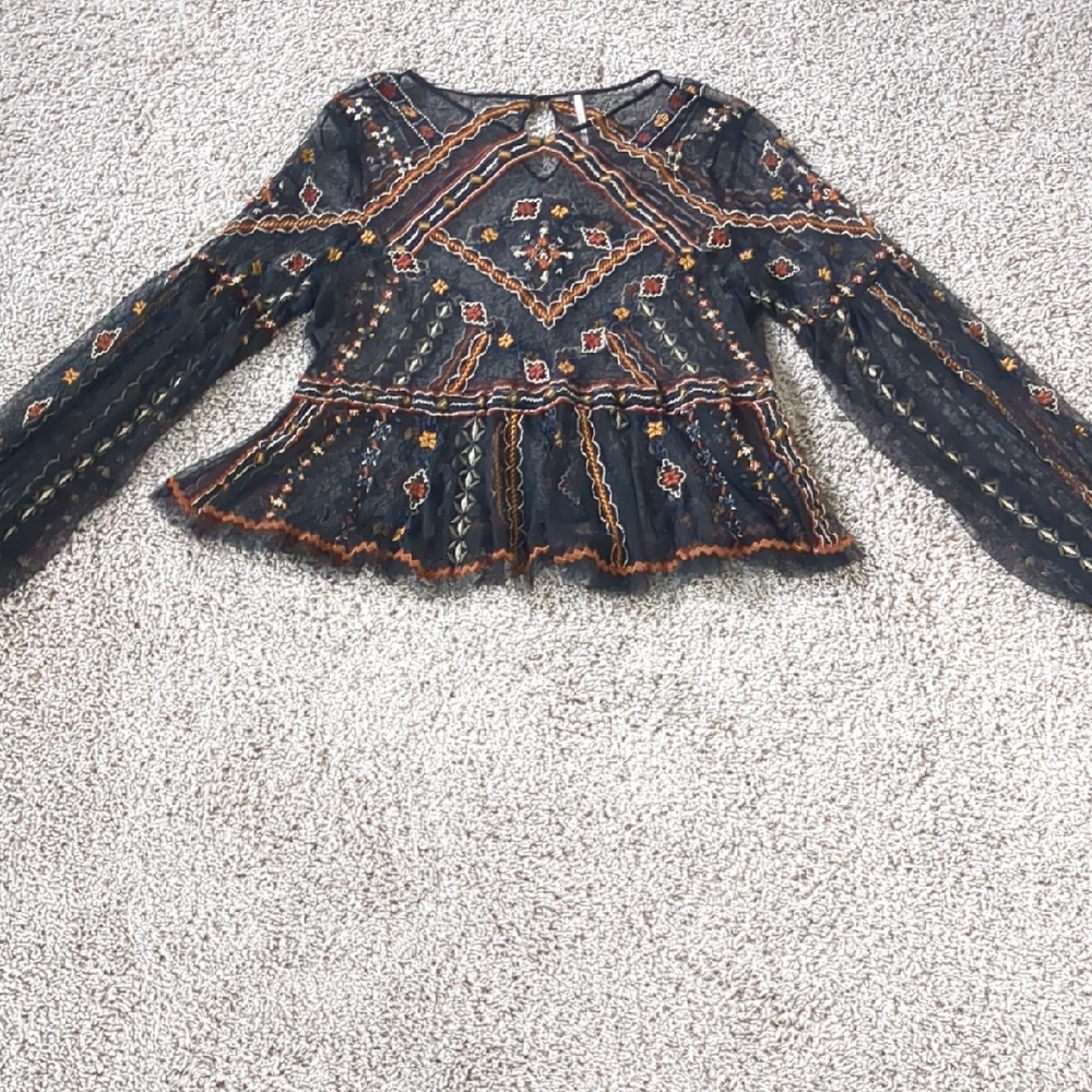 Chic Black and Orange Embroidered Women's Blouse